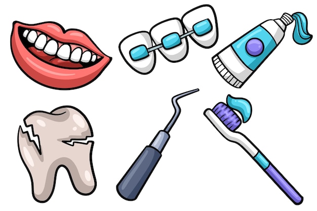 Conjunto de colecciones de elementos dentales dibujados a mano Vector aislado