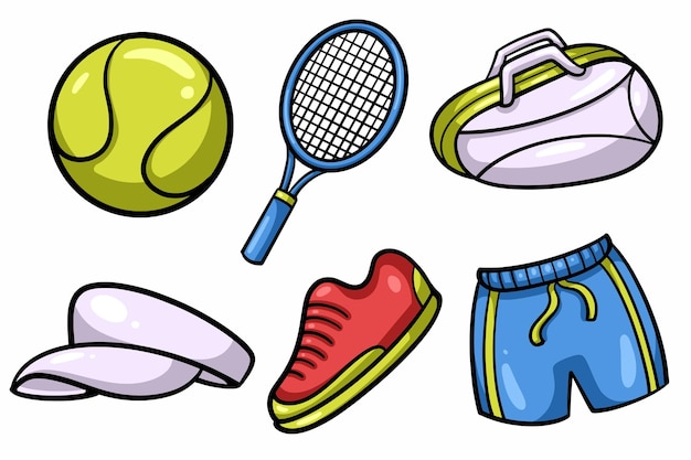 Conjunto de colecciones de elementos de tenis dibujados a mano Vector aislado
