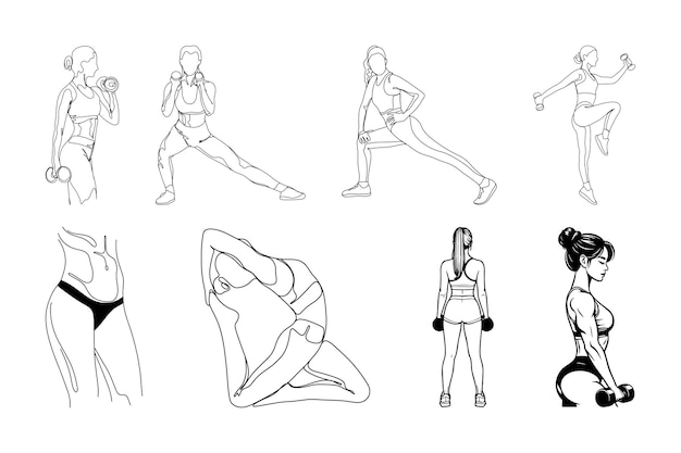 Conjunto de colecciones de fitness para chicas dibujadas a mano y entrenamiento para mujeres
