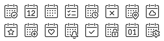 Conjunto de colecciones de iconos de calendario Calendario simple con barra de progreso del reloj Seguridad de recordatorio de puntos del mapa Vector de stock de estilo de línea de programación
