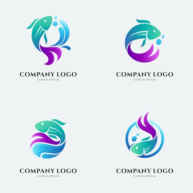 Un conjunto de colecciones de logotipos de peces con una variedad de formas.