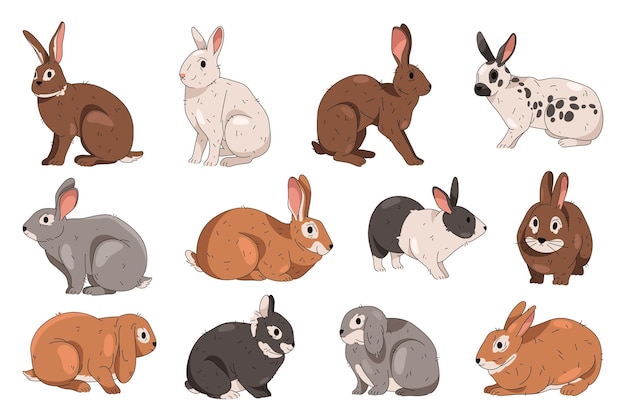 Conjunto de colecciones vectoriales de razas de conejos o liebres de animales domésticos o silvestres