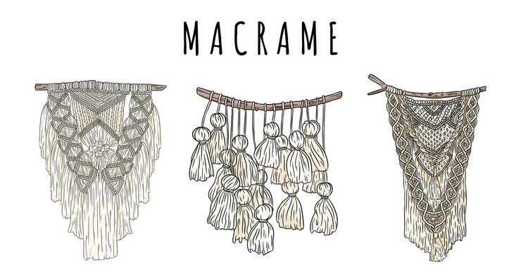 Vector conjunto de colgadores de pared de estilo bohemio de macramé doodle. elementos de diseño boho de anudado textil. imagen de nudos auténtica moderna lineal indígena