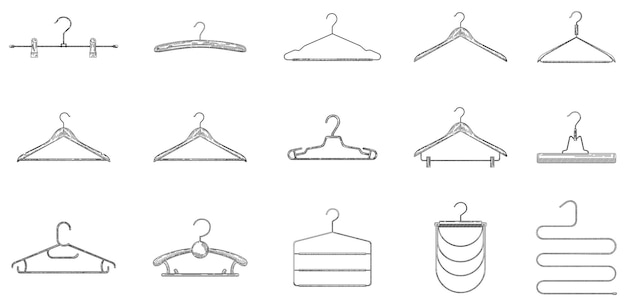 Conjunto de colgadores retro de estilo vintage grabado Esbozo de plástico y metal de madera de la colección de colgadoras de prendas de vestir Ilustración vectorial de vista frontal