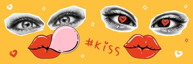 Conjunto de collage contemporáneo de moda Ojos y labios de mujer Elementos de semitono y dibujos animados