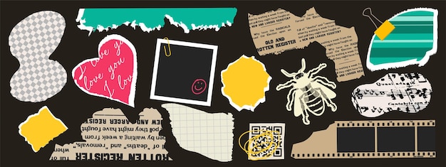 Conjunto de collage de papel de nota rasgado hojas de música retro periódico rasgado papel de periódico sello de abeja fotógrafo
