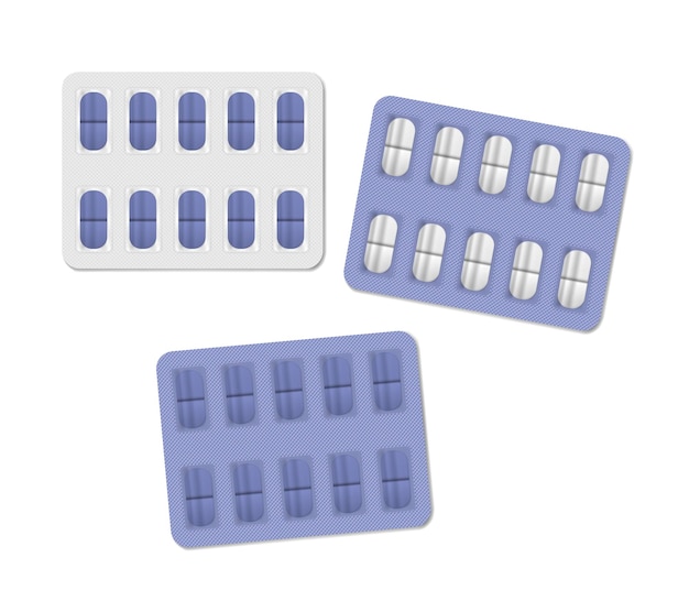 Conjunto de color azul de ampollas de píldoras médicas Diez tabletas oblongas de medicina por plantilla de vector de paquete