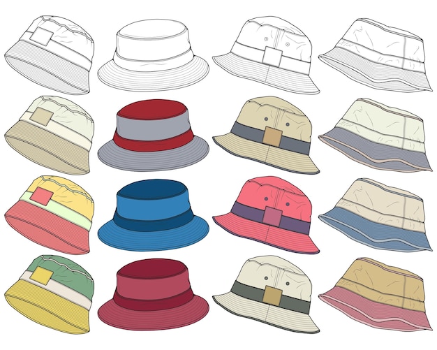 conjunto de color sombrero de cubo completo dibujo vector color sombrero de cubo completo en un color de plantilla de estilo de boceto completo para entrenamiento vector ilustración