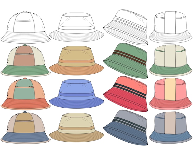 conjunto de color sombrero de cubo completo dibujo vector color sombrero de cubo completo en un color de plantilla de estilo de boceto completo para entrenamiento vector ilustración