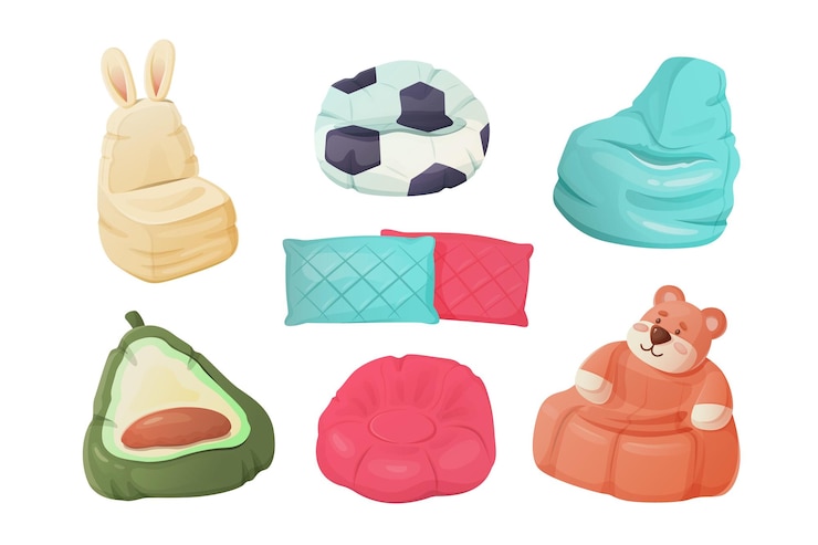 Vector conjunto, de, coloreado, bean bag, silla, aislado, blanco, plano de fondo