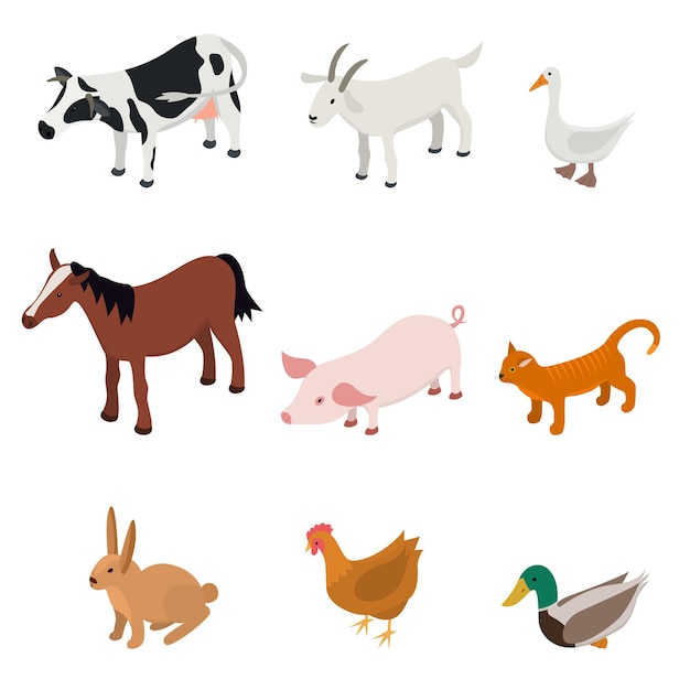 Conjunto de colores de animales de granja de dibujos animados aislado en un fondo blanco Varios animales de granja de ganado. Ilustración vectorial