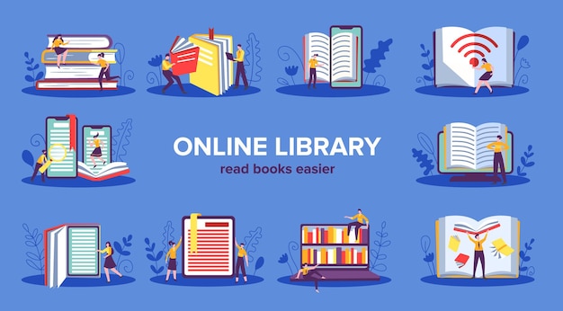 Conjunto de colores de biblioteca en línea con texto editable y composiciones aisladas de libros de personas y dispositivos electrónicos ilustración vectorial