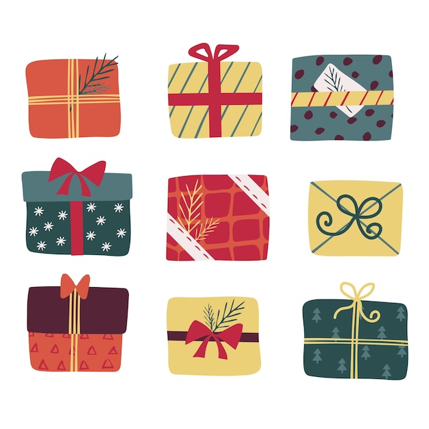 Conjunto de colores de caja de regalo Icono aislado presente con cinta Navidad año nuevo regalo de cumpleaños año nuevo