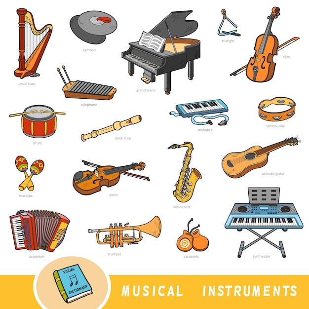 Vector conjunto de colores de la colección de instrumentos musicales con nombres en inglés diccionario visual de dibujos animados