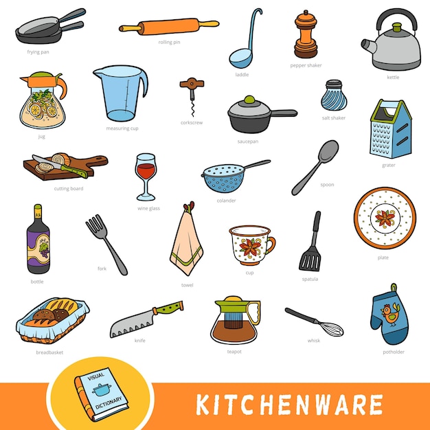 Conjunto de colores de la colección de utensilios de cocina de elementos vectoriales con nombres en inglés Diccionario visual de dibujos animados