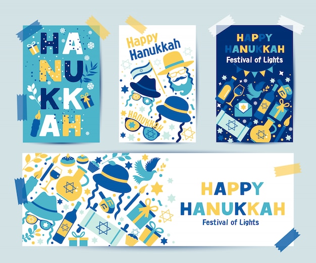 Conjunto de colores cuatro tarjetas de felicitación de Hanukkah Diseño para la invitación del Festival de las Luces