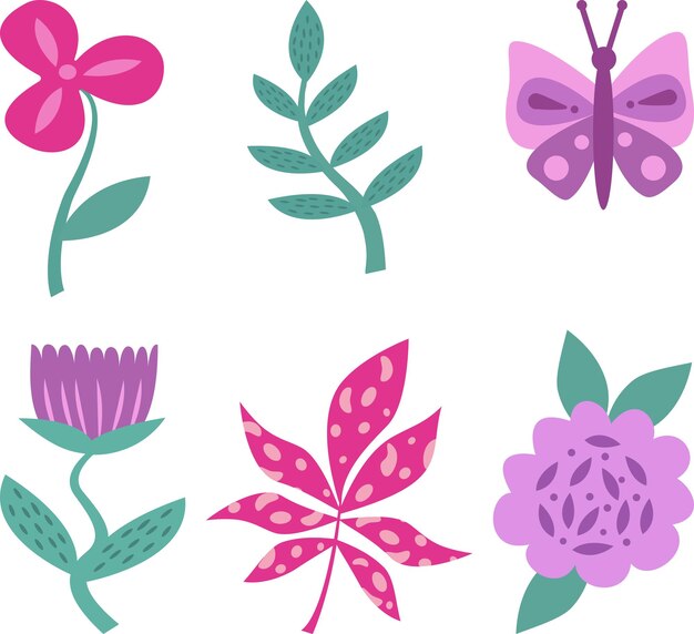 Un conjunto de colores estilizados resaltados sobre un fondo blanco. Flores vectoriales en estilo de dibujos animados