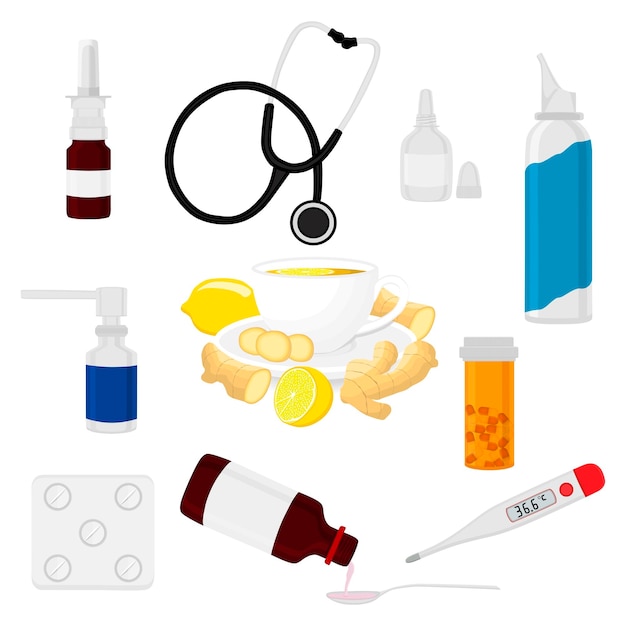Conjunto de colores grandes diferentes tipos de jarabe en vial