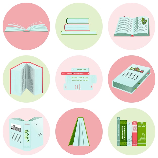Conjunto de colores de pegatinas de libros con sombras.