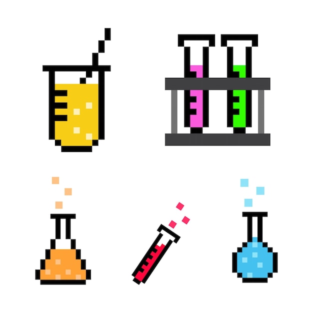 Conjunto de colores pixelados Recipientes químicos artículos de laboratorio químico pixel art