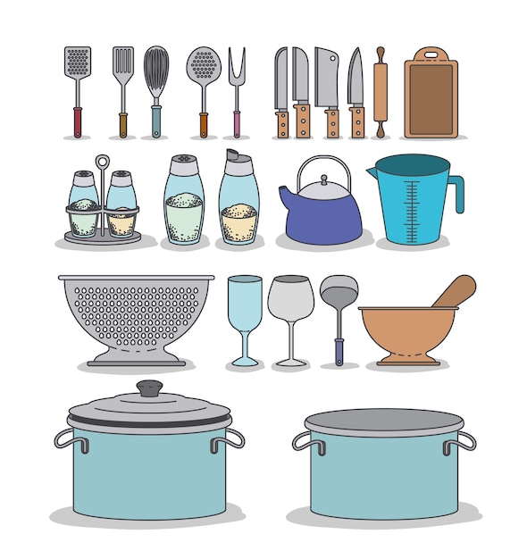 conjunto de coloridos iconos de herramientas de cocina. cosas de