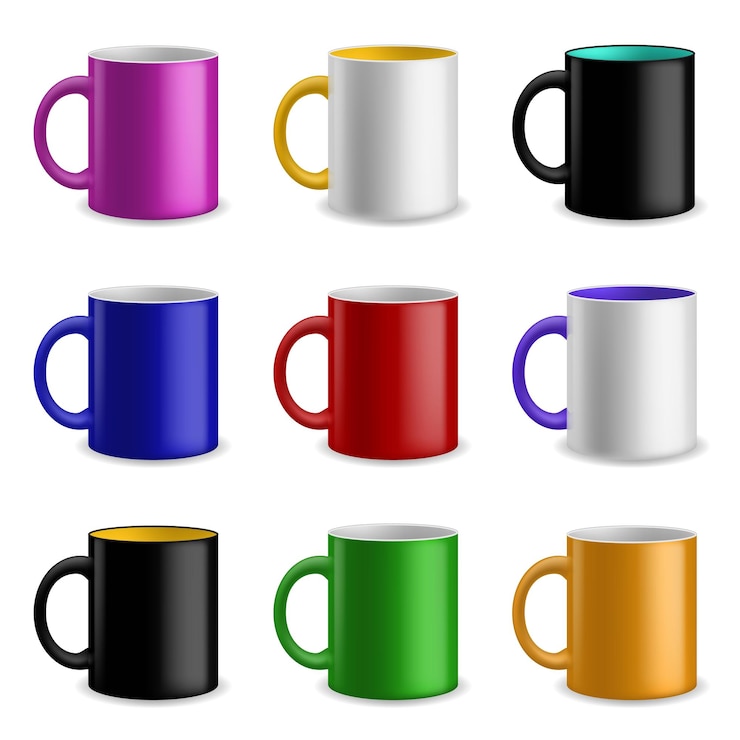 Vector conjunto de colores de tazas tazas realistas de cerámica coloridas para diferentes bebidas colección diseño de identidad de marca vajilla vacía en blanco utensilios de cerámica o porcelana maquetas vector 3d ilustración aislada