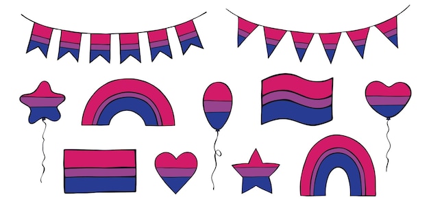 Conjunto de coloridas banderas de orgullo bisexual Feliz día del orgullo de la comunidad LGBTQIA Mes del orgullo Vector dibujado a mano para carteles pegatinas tarjetas de logotipo
