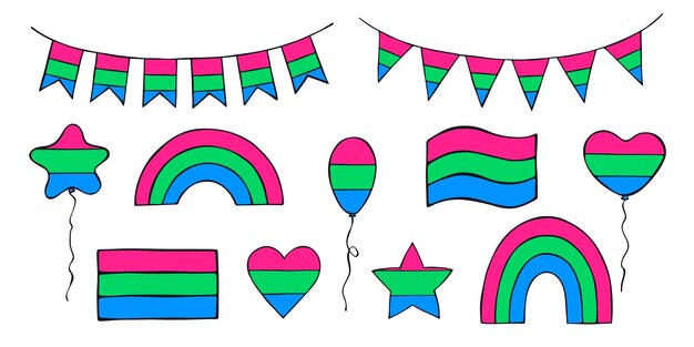 Conjunto de coloridas banderas de orgullo polisexual Feliz día del orgullo de la comunidad LGBTQIA Mes del orgullo Vector dibujado a mano para carteles pegatinas tarjetas de logotipo