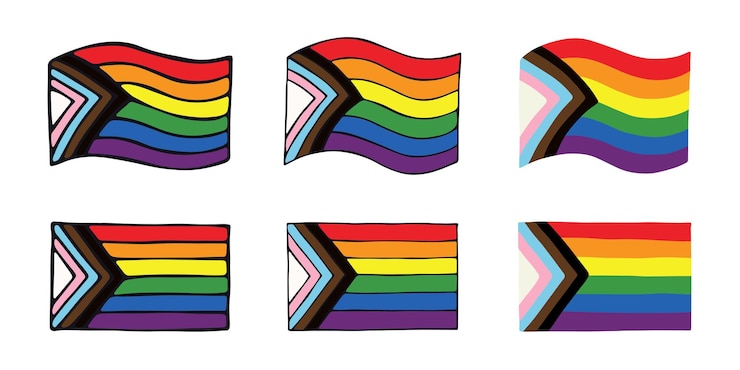 Vector conjunto de coloridas banderas de orgullo de progreso lgbtq feliz día de orgullo comunidad lgbtqia mes de orgullo vector dibujado a mano doodle para carteles pegatinas tarjetas de logotipo