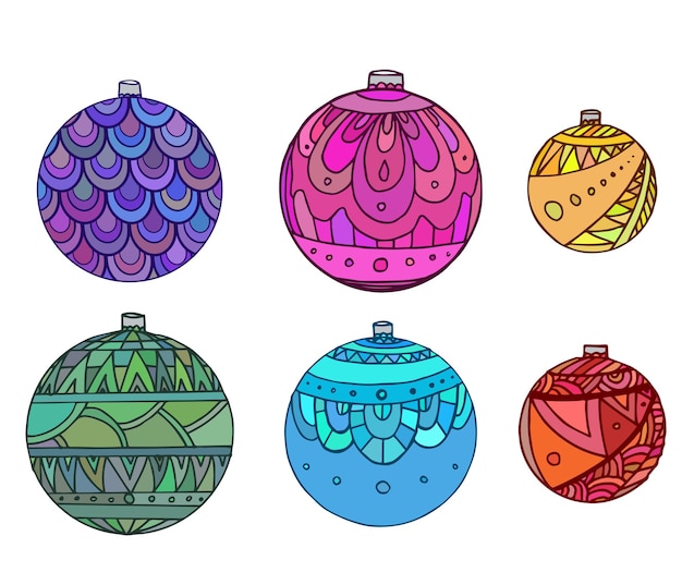 Vector conjunto de coloridas bolas navideñas decoradas con patrón de doodle