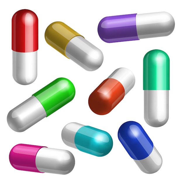 Conjunto de coloridas cápsulas médicas en diferentes posiciones ilustración