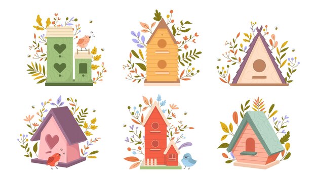 Un conjunto de coloridas casas de pájaros con pájaros en ellas