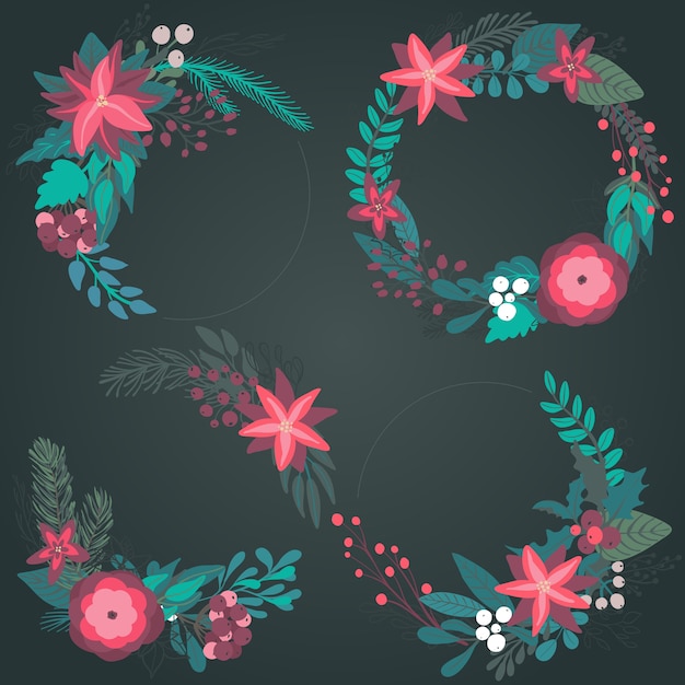 Conjunto de coloridas coronas florales navideñas con flores de invierno ramas bayas
