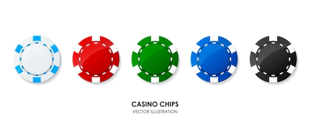 Vector conjunto de coloridas fichas de póquer de casino colección de fichas blancas, rojas, verdes, azules y negras juego de apuestas recaudar dinero pruebe suerte juegue a la ruleta aislado en fondo blanco ilustración vectorial