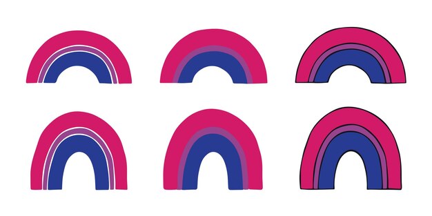 Conjunto de coloridas formas de arco iris Bandera del orgullo bisexual Feliz día del orgullo Comunidad LGBTQIA Mes del orgullo Vector dibujado a mano doodle para carteles pegatinas tarjetas de logotipo