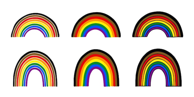 Conjunto de coloridas formas de arco iris Bandera del orgullo gay Feliz día del orgullo Comunidad LGBTQIA Mes del orgullo Vector dibujado a mano doodle para carteles pegatinas tarjetas de logotipo