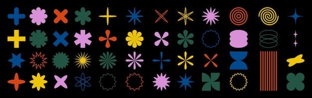 Conjunto de coloridas formas geométricas abstractas e íconos aislados en fondo negro Elementos de diseño estético Diseño Bauhaus Memphis Ilustración vectorial