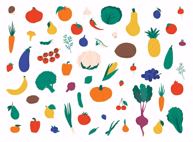Conjunto de coloridas frutas y verduras ilustraciones vectoriales