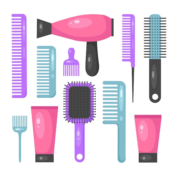 Conjunto de coloridas herramientas de peinado al estilo de dibujos animados Ilustración vectorial de peine secador de pelo geles herramientas de peluquería sobre fondo blanco