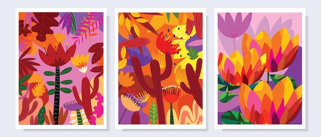 Conjunto de coloridas hojas tropicales flores fondo dibujado a mano vector ilustración diseño