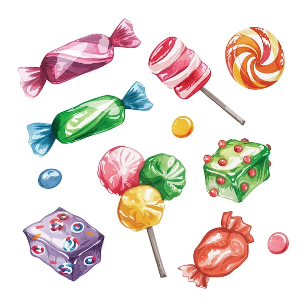 conjunto de coloridas ilustraciones en acuarela de caramelos