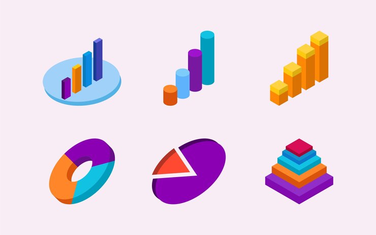 Conjunto de coloridas ilustraciones vectoriales de barras isométricas y diagramas piramidal