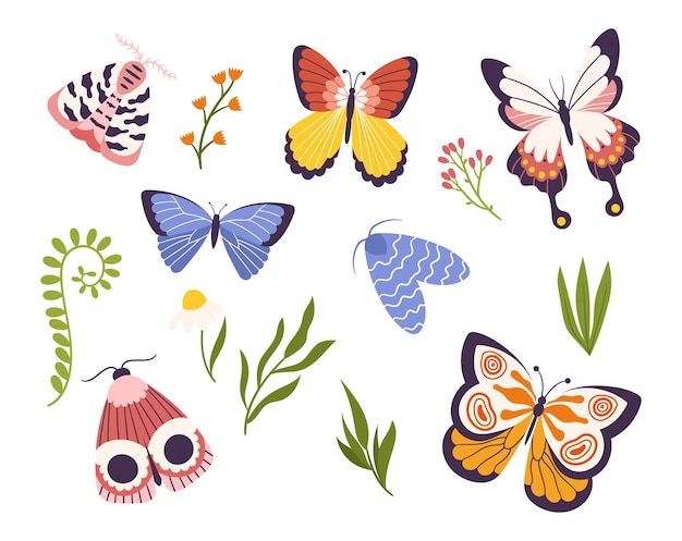 Vector conjunto de coloridas mariposas revoloteando con gracia y belleza mostrando patrones intrincados y tonos vibrantes