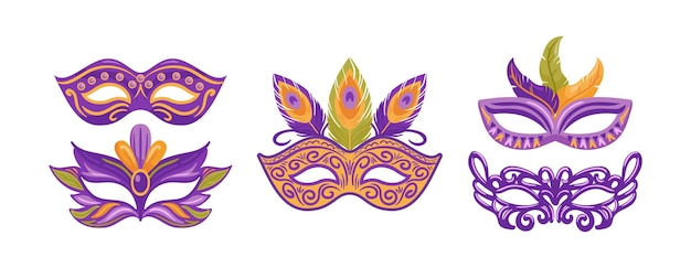 Conjunto de coloridas máscaras de carnaval decoradas con plumas brillantes celebración festiva del Mardi Gras