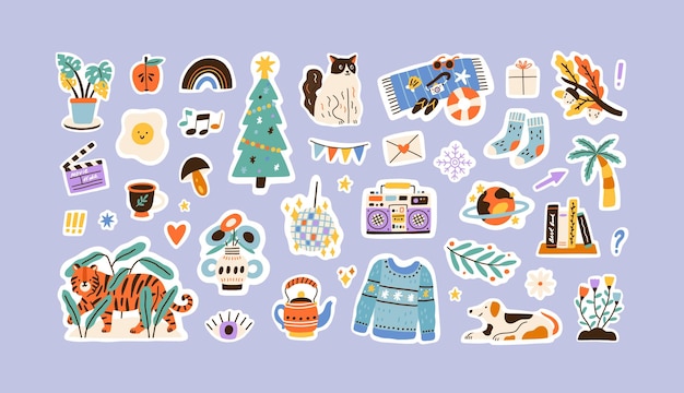 Conjunto de coloridas pegatinas dibujadas a mano vector ilustración plana. Colección de decoración diferente para planificador semanal o diario y diarios aislados. Signos divertidos, símbolos, objetos y plantillas de imágenes.