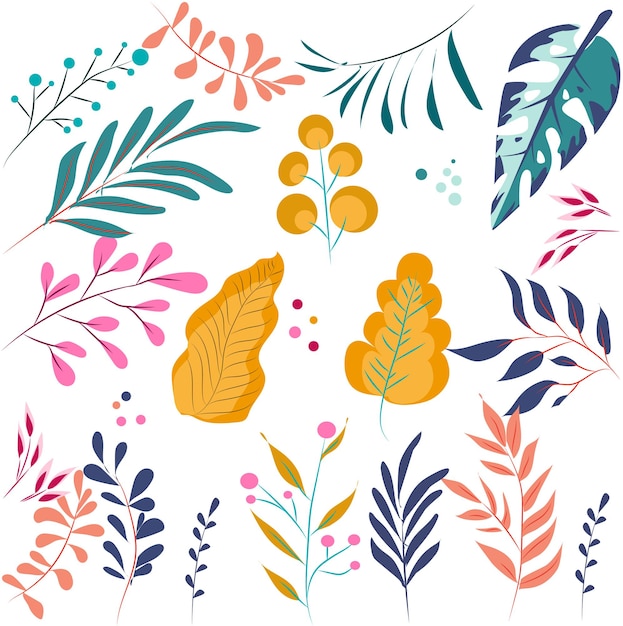 Conjunto de coloridas plantas tropicales y hojas de palma Hojas dibujadas a mano Rosa amarillo y más hojas de color