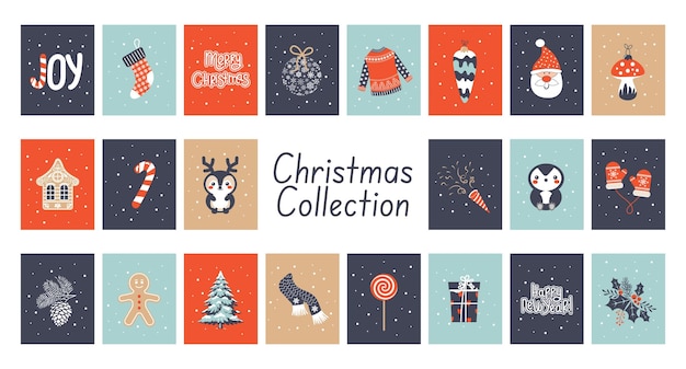Conjunto de coloridas plantillas de tarjetas de Navidad Grandes tarjetas para la colección con dulces del hombre de nieve de Papá Noel