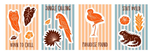 Conjunto de coloridas postales de animales tropicales con citas Incluye pájaro perezoso flamenco e iguana rodeados de hojas y flores de la selva Perfecto para diseños de verano y proyectos para niños