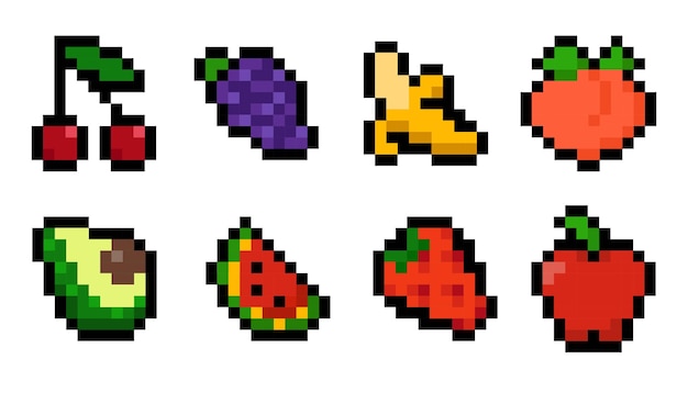 Conjunto colorido de 8 frutas pixeladas en estilo retro 8bit
