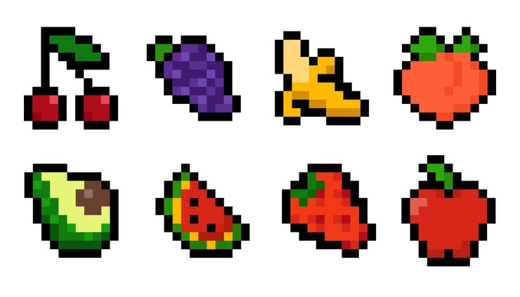 Vector conjunto colorido de 8 frutas pixeladas en estilo retro 8bit